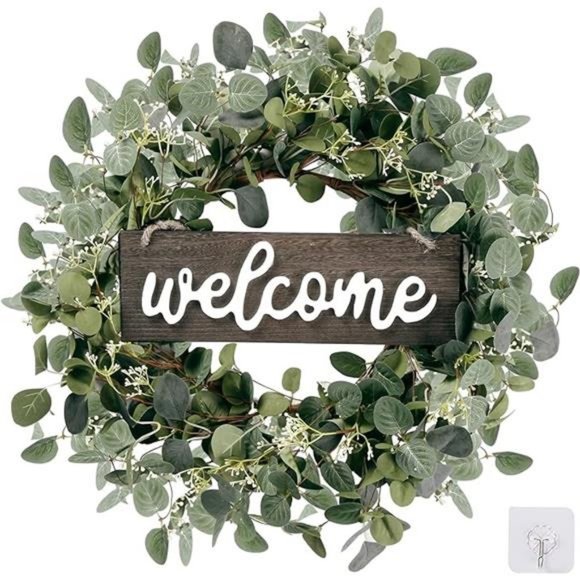 Green Eucalyptus Leaf Wreath with Welcome Sign 20in Artificial Eucalyptus Wreath - Picture 7 of 7